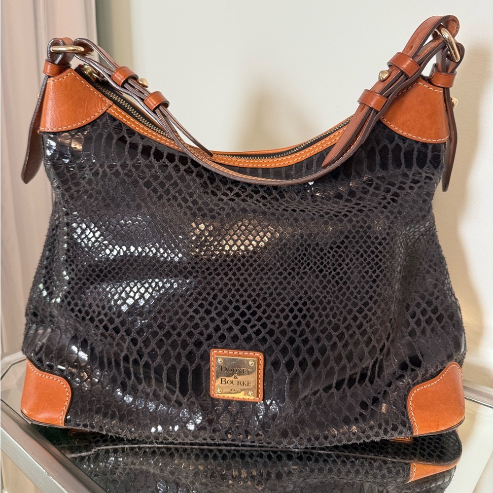 Dooney & Bourke Black and Tan Snake Print Hobo Bag with MATCHING POUCH